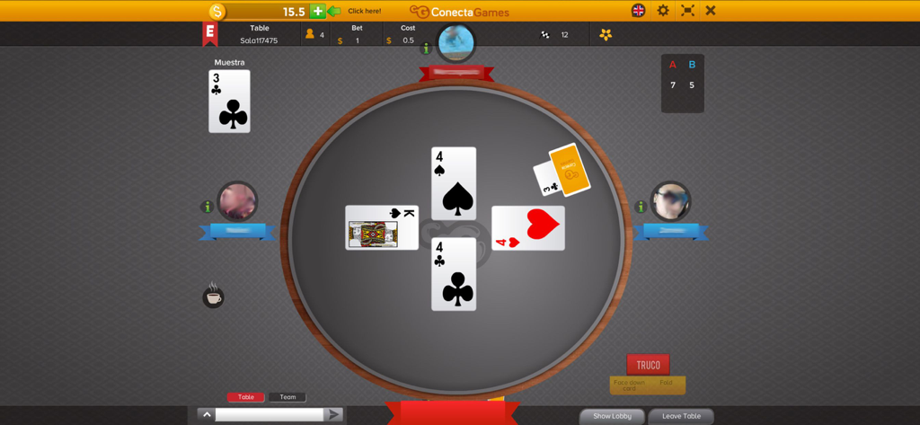 Tela de jogo do Truco Paulista e Mineiro mostrando uma mesa de cartas digital com avatares