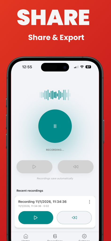 Interface of Reversio app showing audio recording with share and export options for social media content