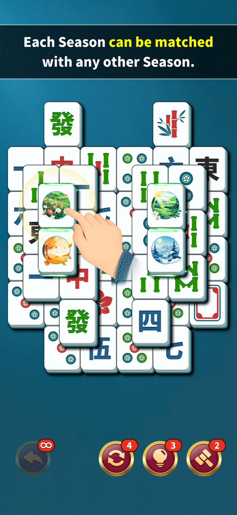 Mahjong Solitaire: Match Game - Une main associant des tuiles de saison dans une disposition de jeu de plateau Mahjong Solitaire.