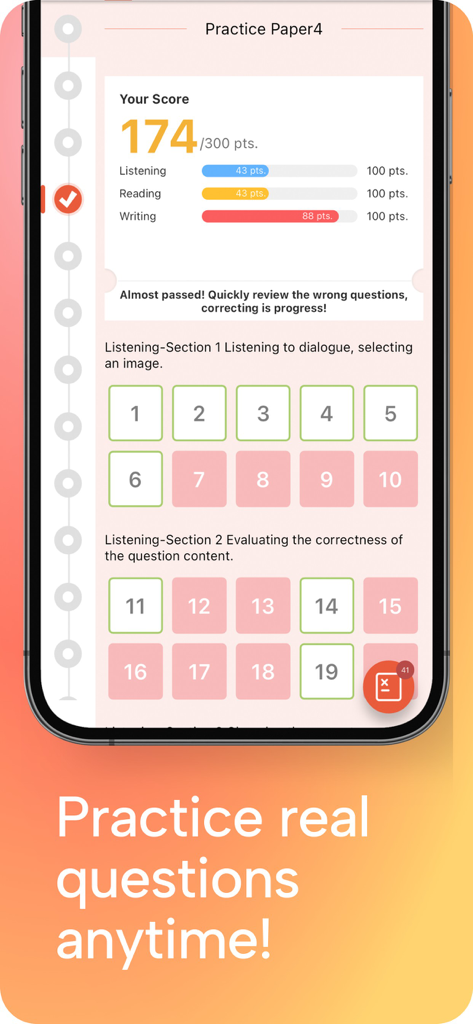 KaKa Chinese - PASS HSK Exam - A screenshot of the KaKa Chinese app showing a practice HSK exam score with a breakdown of listening reading and writing results.