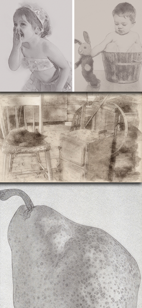 PhotoArtista - Oil - A collage showing a girl, a baby, a sleeping cat, and a pear transformed into pencil sketches