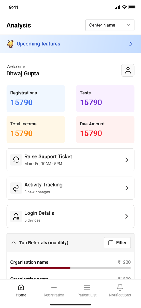 Dashboard-Ansicht der Flabs LIMS Pathologie-App mit Registrierungsmetriken, Testanzahl und Analyse der Gesamteinnahmen