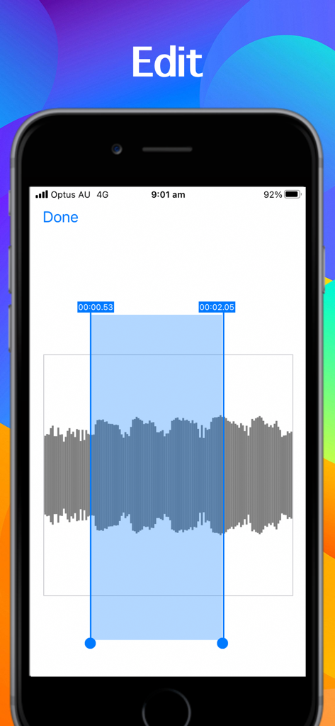 Voice Memo, Voice to Texts app - ボイスレコーディング波形をトリミングおよび編集するためのモバイルアプリインターフェース