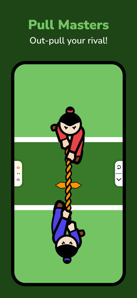 Two Player Games - DuoPlay - A top-down view of two players competing in a tug of war mini game called Pull Masters on a single mobile device.