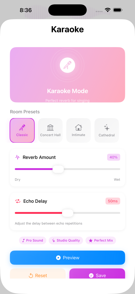 Convert Video to MP3: VidoTune - VidoTuneアプリのインターフェース。調整可能なリバーブとエコー設定を備えたカラオケモードが表示されています。