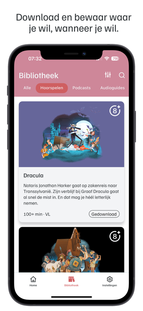 Geluidshuis app library screen showing a list of downloadable audio dramas like Dracula
