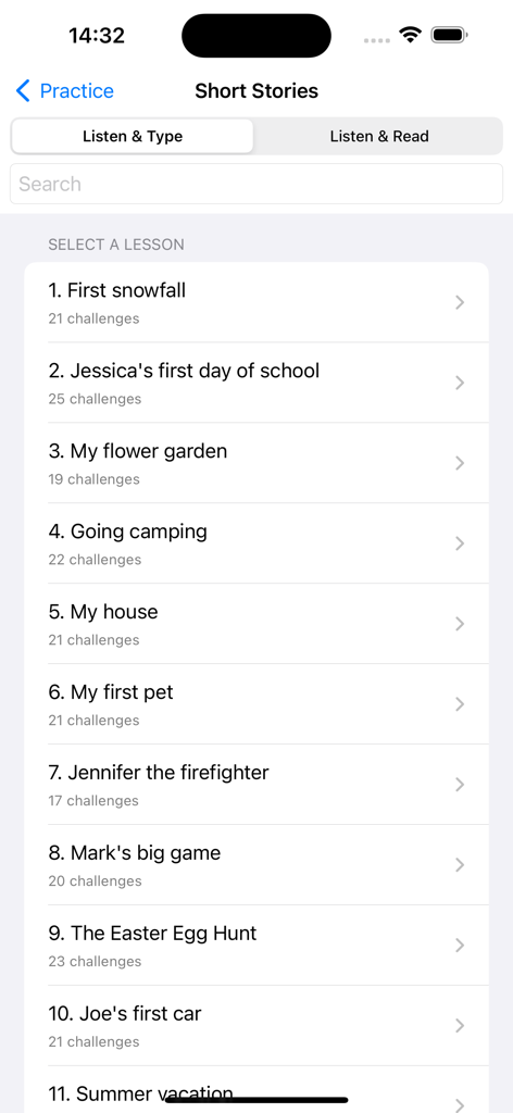 Daily Dictation English - リスニングとタイピングの練習を含む英語ディクテーション練習用の短い物語のレッスンを示すメニュー