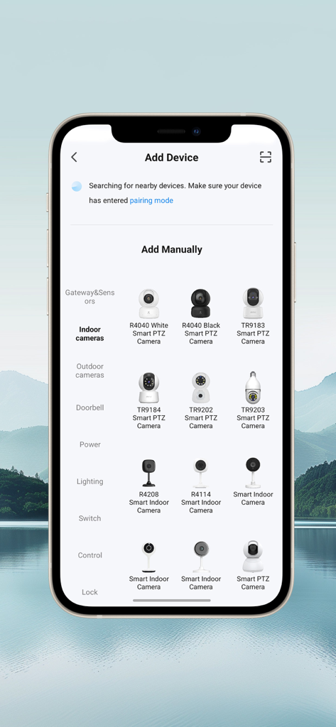 WOOX Home - WOOX Home App-Bildschirm zum manuellen Hinzufügen neuer Smart-Geräte mit einer Auswahl an Indoor- und Outdoor-Kameramodellen