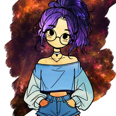 girl with a messy ponytail glasses a baggy crop top and jean shorts