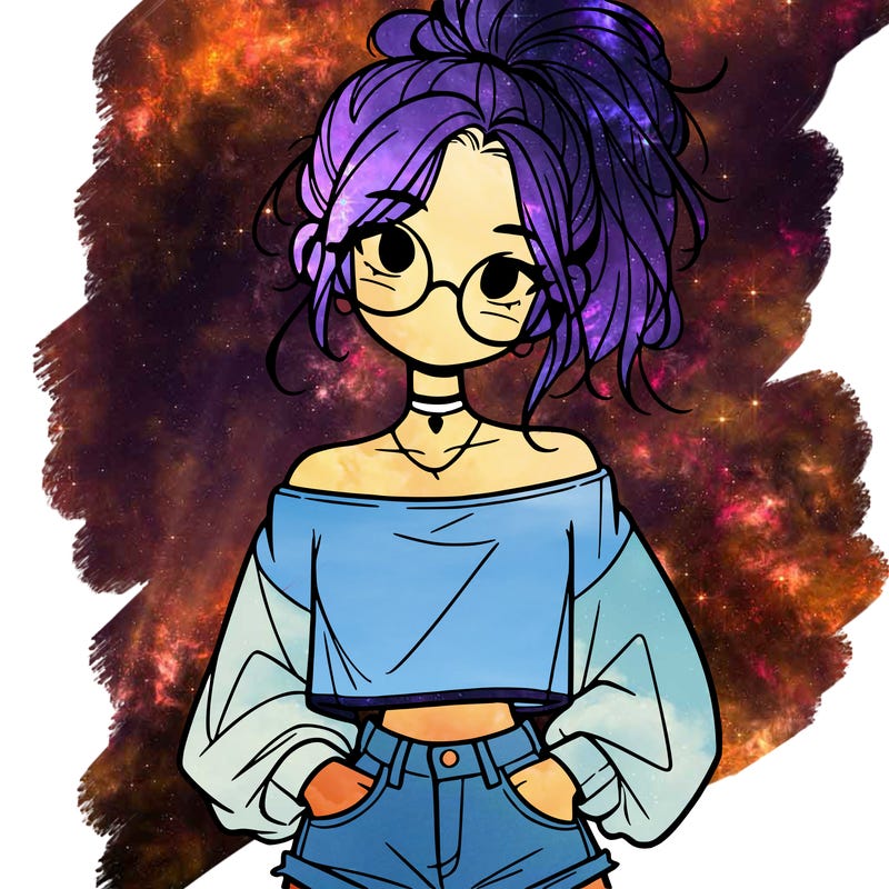 girl with a messy ponytail glasses a baggy crop top and jean shorts