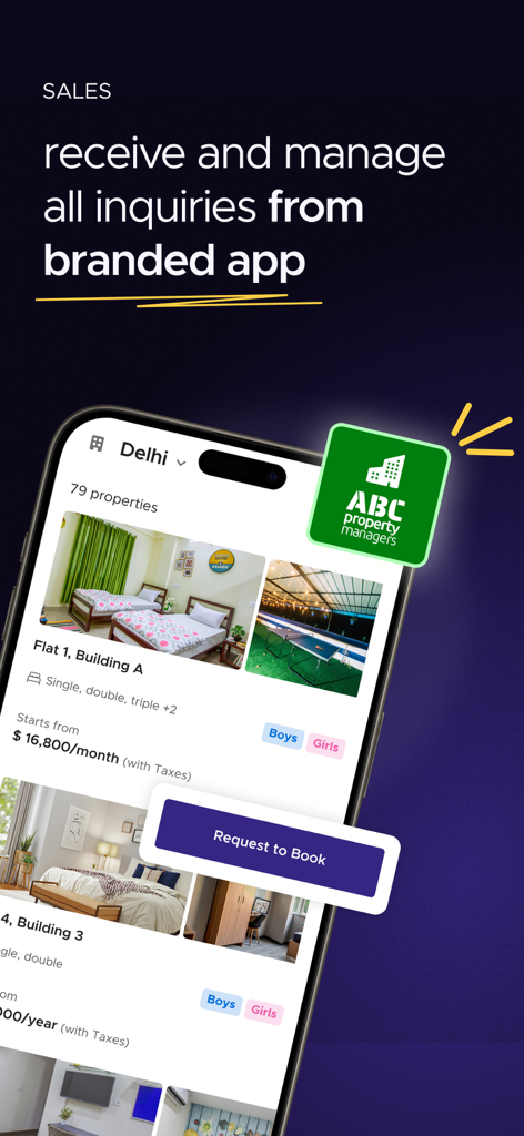 Crib: Property Management App - Pantalla de la aplicación móvil para que los propietarios gestionen consultas de alquiler y reservas de propiedades