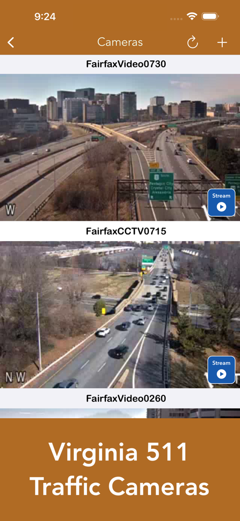 Virginia Traffic Cameras - Virginia Traffic Cameras app interface showing live highway camera feeds in Fairfax