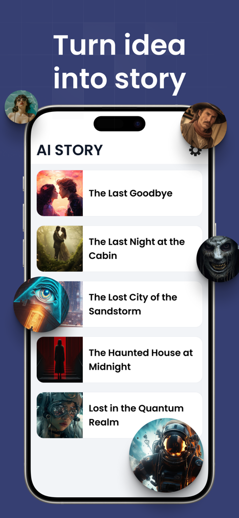 AI Story Generator AI Novel - Un smartphone affichant l'interface de l'application AI Story Generator avec une liste de titres d'histoires générés et des vignettes de couverture colorées.