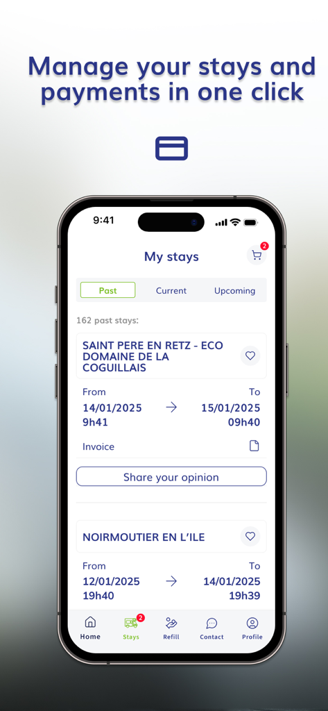 A smartphone screen showing the My Stays section of the CAMPING-CAR PARK app with a list of past motorhome stopover bookings and payment records