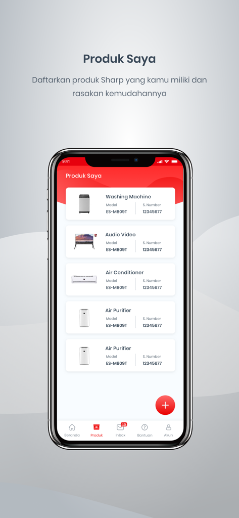SHARP ID - A smartphone screen showing the My Products section of the SHARP ID app with a list of registered home appliances