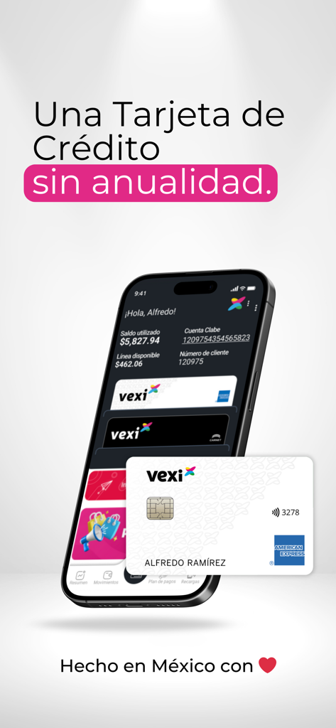 Vexi - App móvil y tarjeta de crédito física de Vexi destacando cero cuotas anuales.