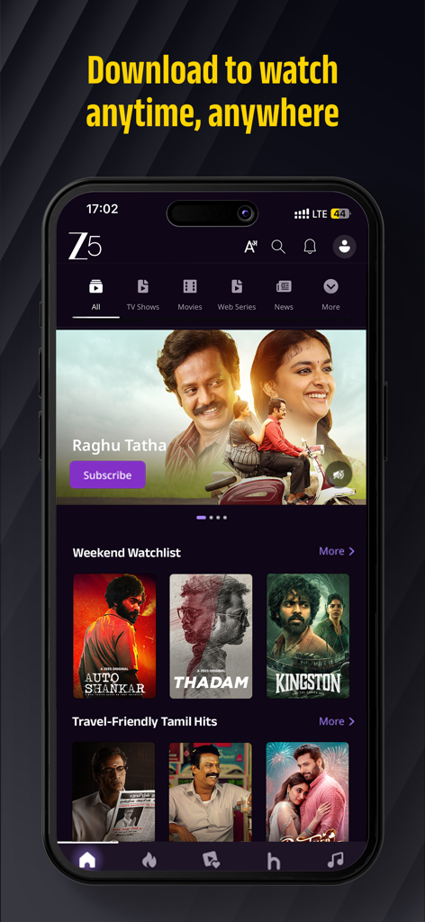 Interfaz de la aplicación móvil ZEE5 que muestra títulos de películas y la opción de visualización sin conexión