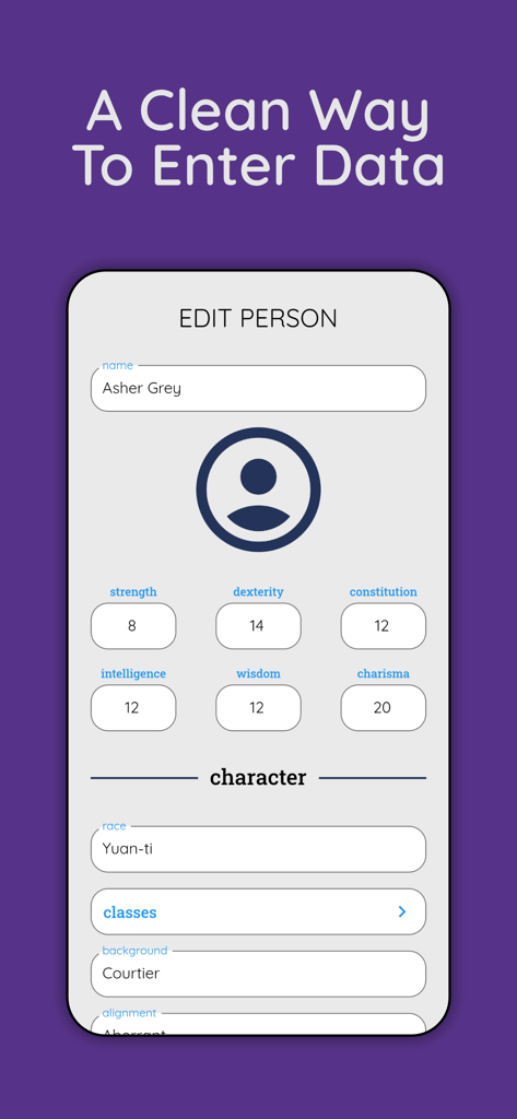 Protagonist - A mobile app interface for entering character data with fields for name, ability scores, race, and background.