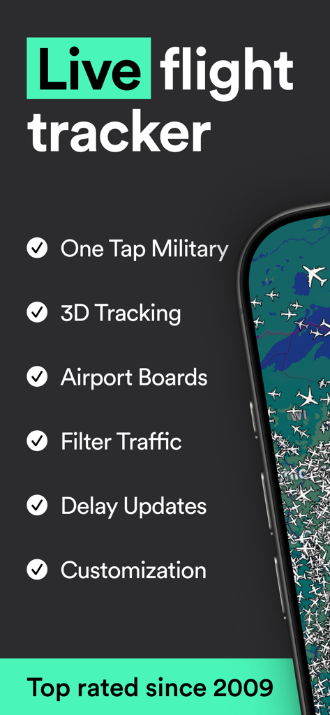 Lista de recursos do aplicativo Plane Finder incluindo rastreamento de voo ao vivo, mapas 3D e atualizações de atraso