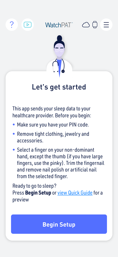 Setup screen for the WatchPAT app with clinical instructions for starting a home sleep study