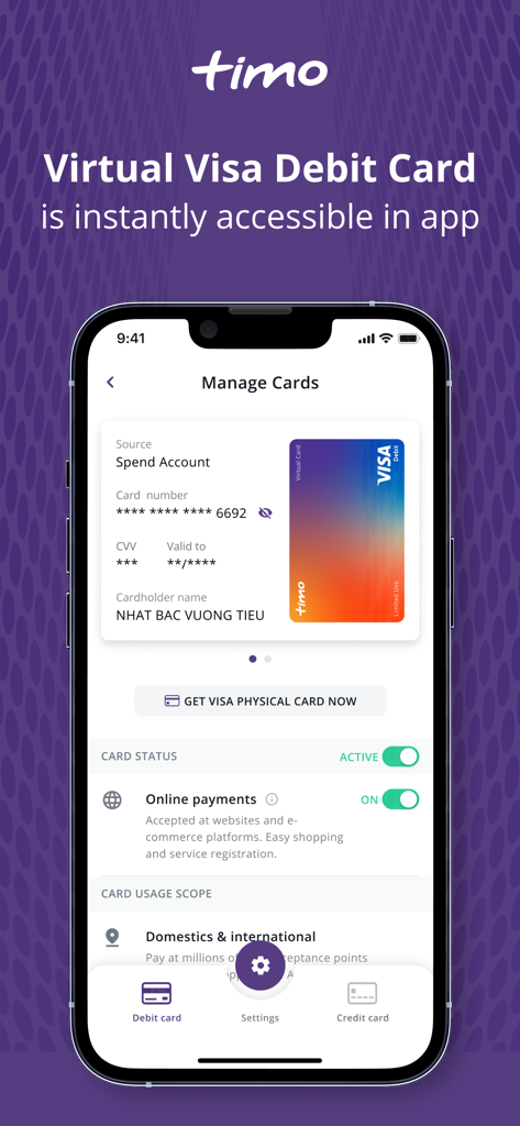 Timo Digital Bank by BVBank - Timo Digital Bank mobile app showing a Virtual Visa Debit Card and card management options
