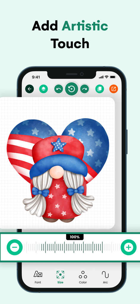 Design Maker For Craft Space! - Mobile app interface showing a patriotic gnome illustration with size and font editing tools for DIY crafts.