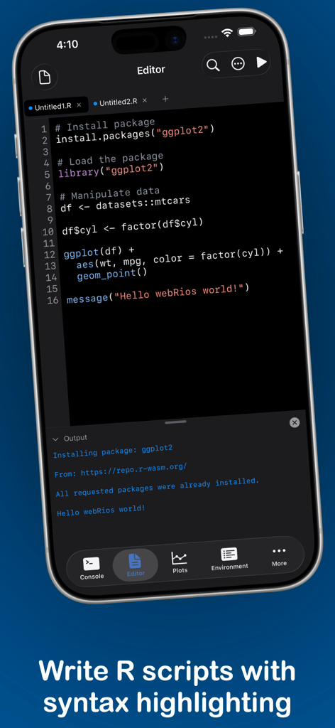 iPhone screen showing the webRios app code editor with an R script and syntax highlighting