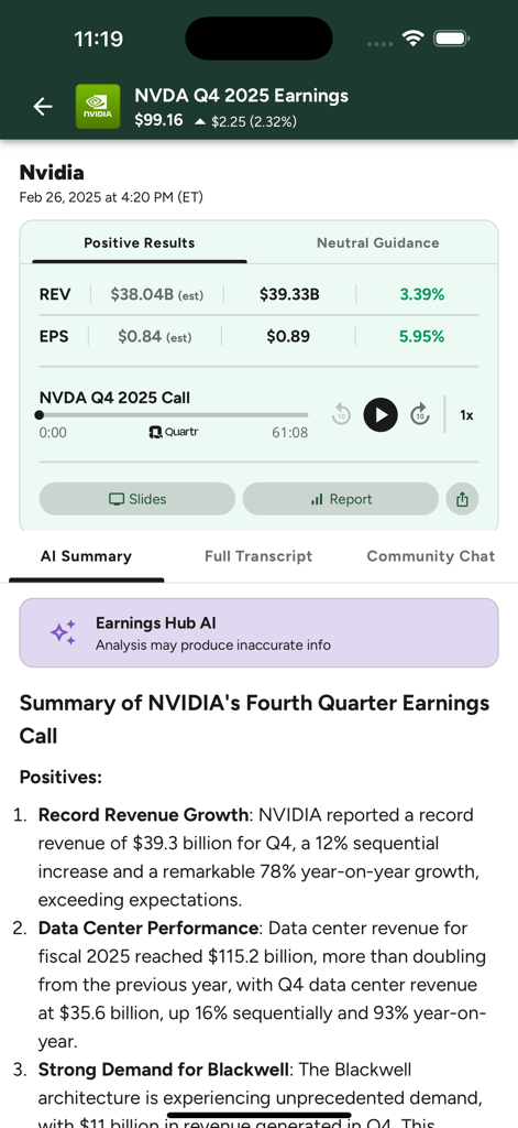 Earnings Hub and Calendar - Mobile app interface displaying Nvidia earnings call AI summary and financial data