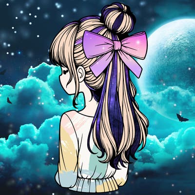 realistic girl  with hip length hair a bun and a big bow on the back of head