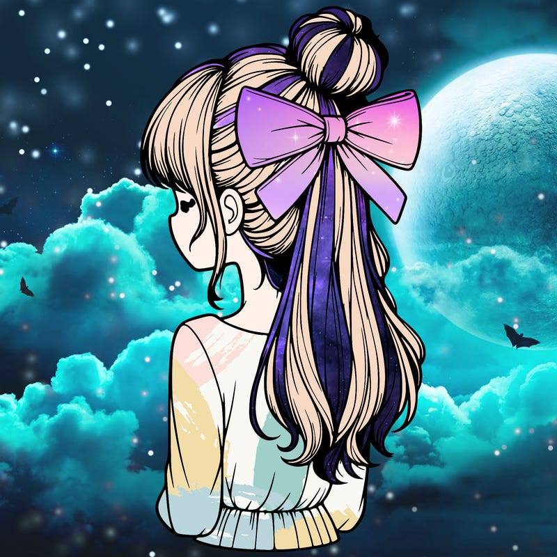 realistic girl  with hip length hair a bun and a big bow on the back of head