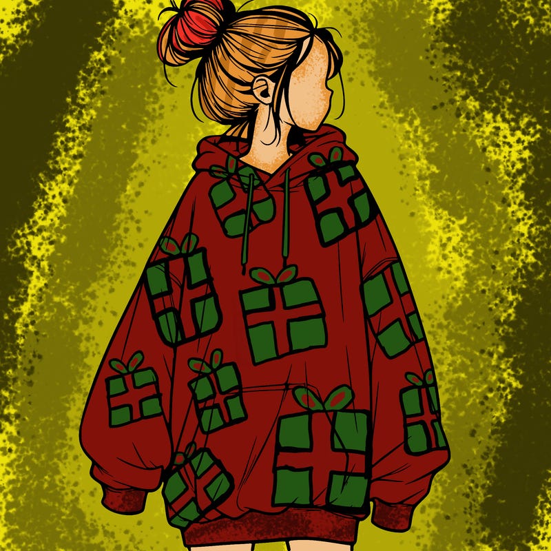 realistic girl with a oversized sweatshirt on and a bun