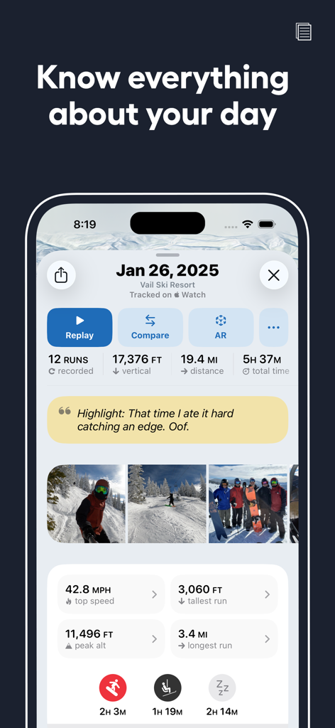 Slopes: Ski & Snowboard - A summary screen of the Slopes app showing ski performance statistics including vertical feet, speed, and distance for a day at Vail Ski Resort.