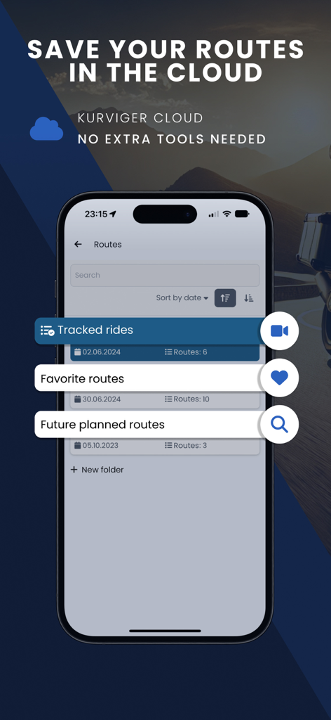 Kurviger Motorcycle Navigation - Kurviger motorcycle navigation app displaying saved routes in the cloud storage