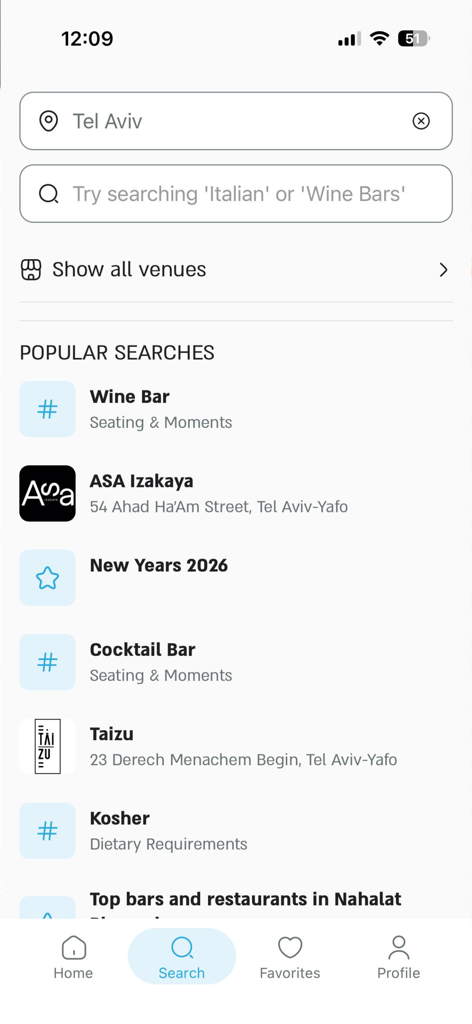 The search screen of the ontopo app featuring popular restaurant categories and venue suggestions