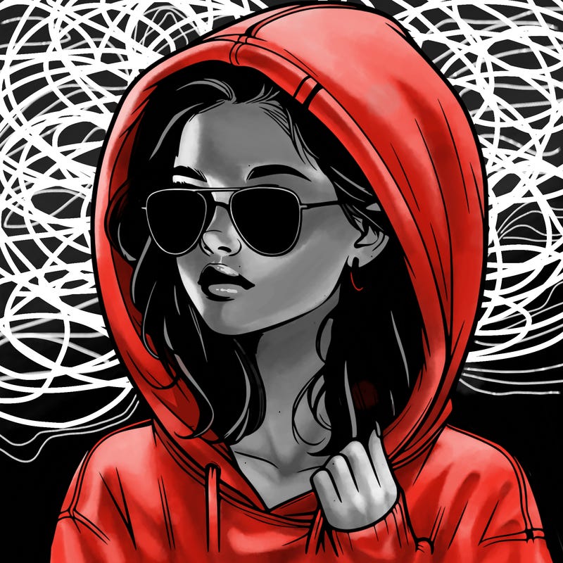 realistic teenage girl, wearing a hoodie and sunglasses