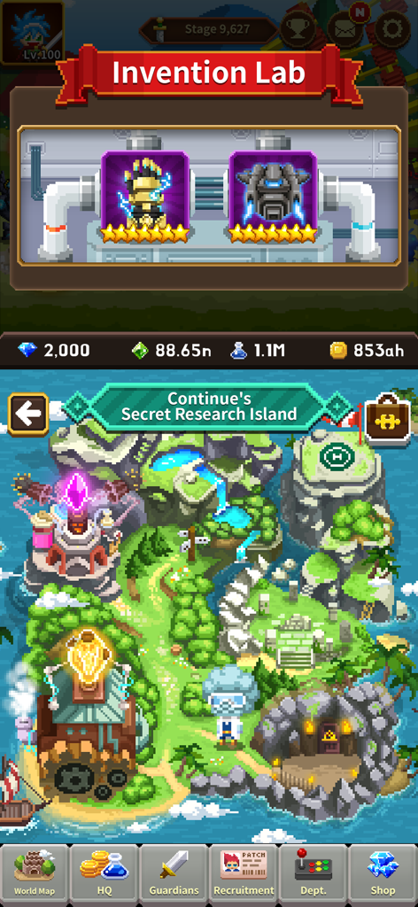 Interface of the Videogame Guardians mobile game showing the Secret Research Island map and the Invention Lab menu