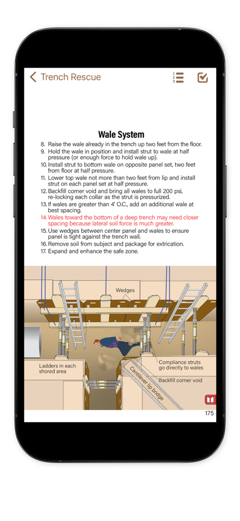 DRR Rescue - DRR Rescueアプリ画面にテクニカルトレンチレスキュー手順と шорリング図が表示されています