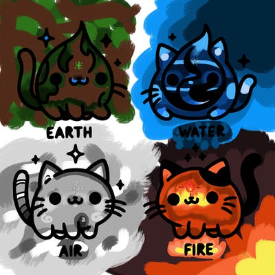 4 cats that represent the different elements, earth, water, air, and fire