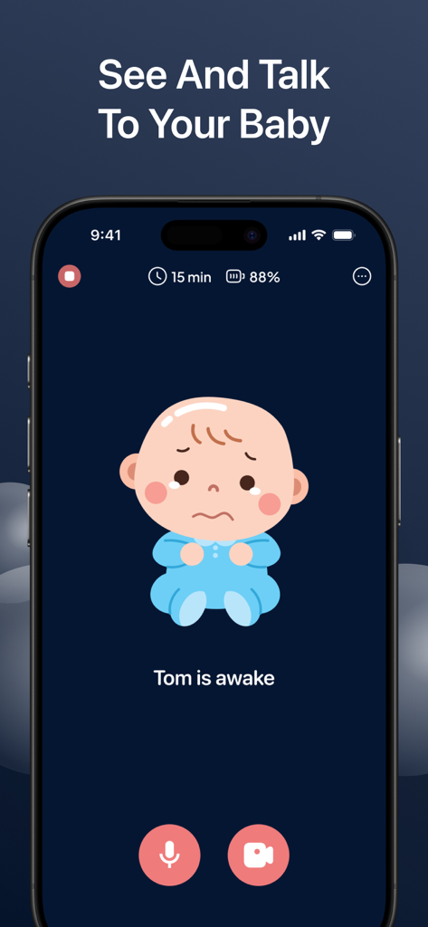 Baby Monitor Camera: Cry Alarm - Interface da estação parental do aplicativo de babá eletrônica em um iPhone mostrando um alerta de que o bebê está acordado com opções de áudio e vídeo.