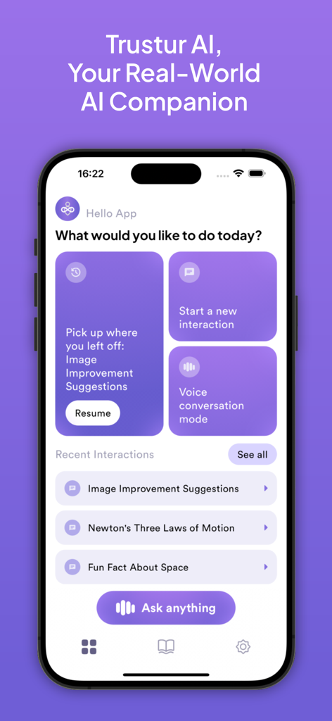 Trustur AI mobile app home screen displaying voice conversation mode and recent interactions dashboard.
