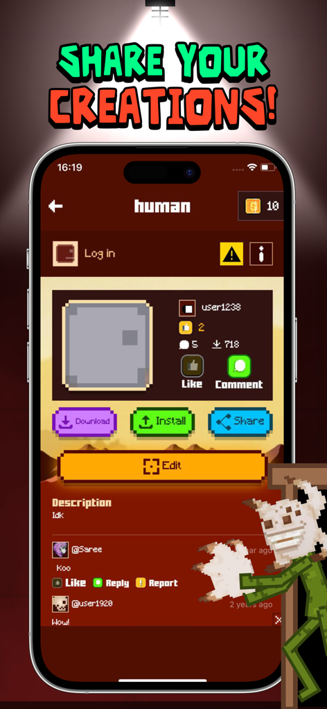Interfaccia dell'app Pure Mods per Melon Playground che mostra le funzionalità di condivisione e download delle mod