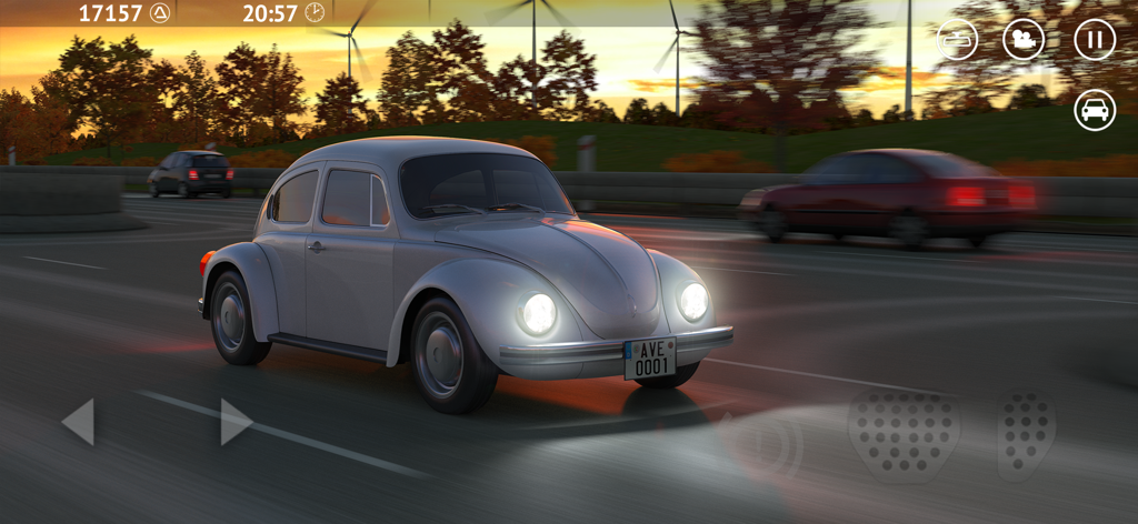 A classic German car driving on a highway at sunset in the Driving Zone Germany Pro racing simulator.