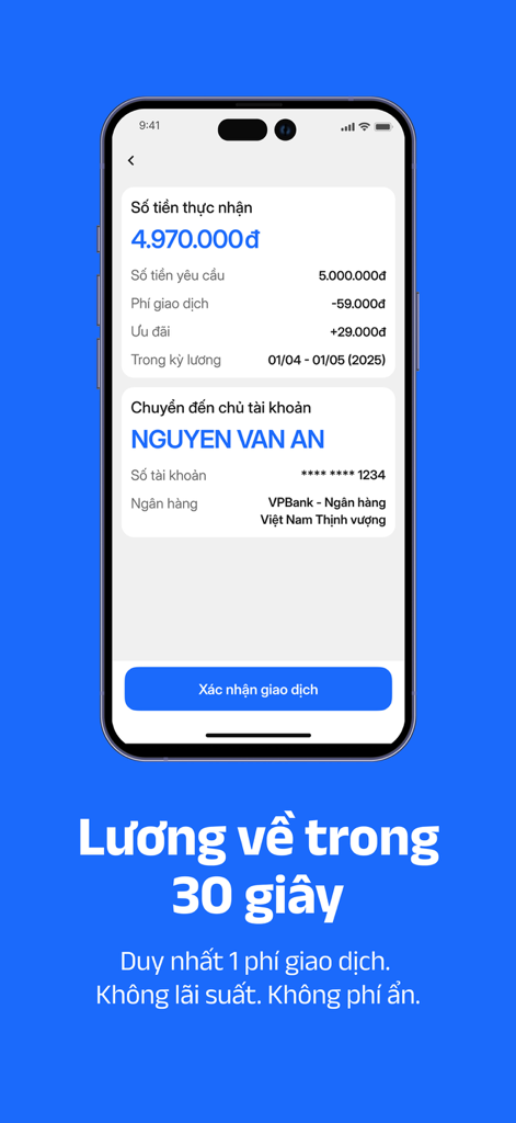 Transaction confirmation screen of GIMO earned wage access app