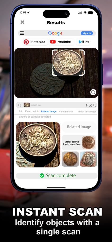 Lens: AI Scan Image & Text - Mobile app screenshot of Lens AI scanning and identifying a bronze Indian rupee coin