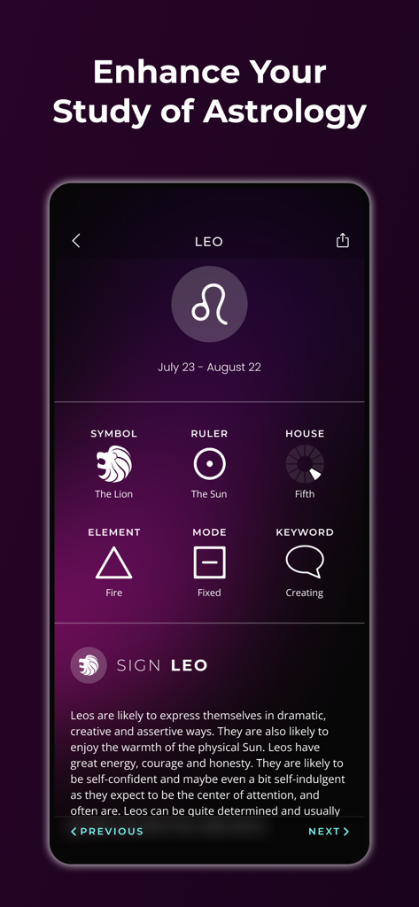 シンボル、支配星、エレメントを含む獅子座の詳細な占星術情報を示すTimePassagesアプリのインターフェイス