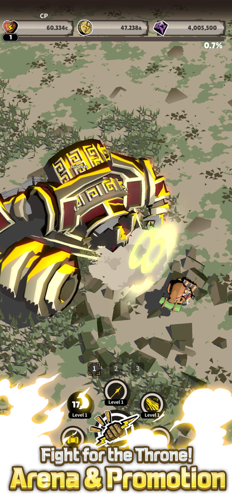 Lightning Princess: Idle RPG - Lightning Princess fighting a giant armored boss in the Arena and Promotion game mode