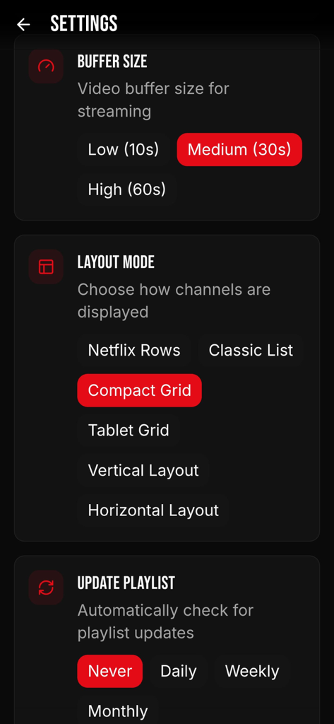 StreamFlix IPTV - Menu delle impostazioni di StreamFlix IPTV che mostra dimensione buffer e opzioni modalità layout.