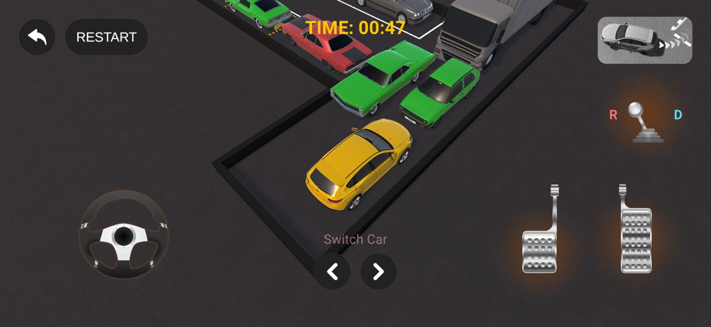 3D Car Parking Driving School - A yellow car navigating a 3D parking lot simulation with on screen driving controls