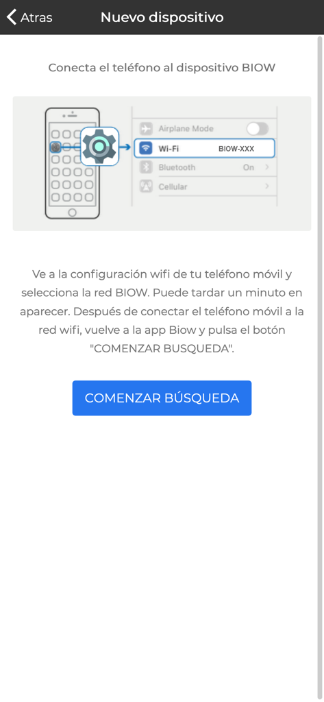 Biow - Pantalla de configuración que muestra instrucciones para conectar un smartphone a un dispositivo Biow a través de la configuración de Wi-Fi.