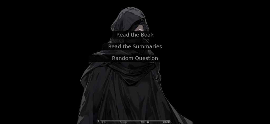 Great Gatsby - A tela do menu principal do aplicativo Great Gatsby com uma ilustração de personagem e opções para ler o livro, ler resumos e responder a uma pergunta aleatória.